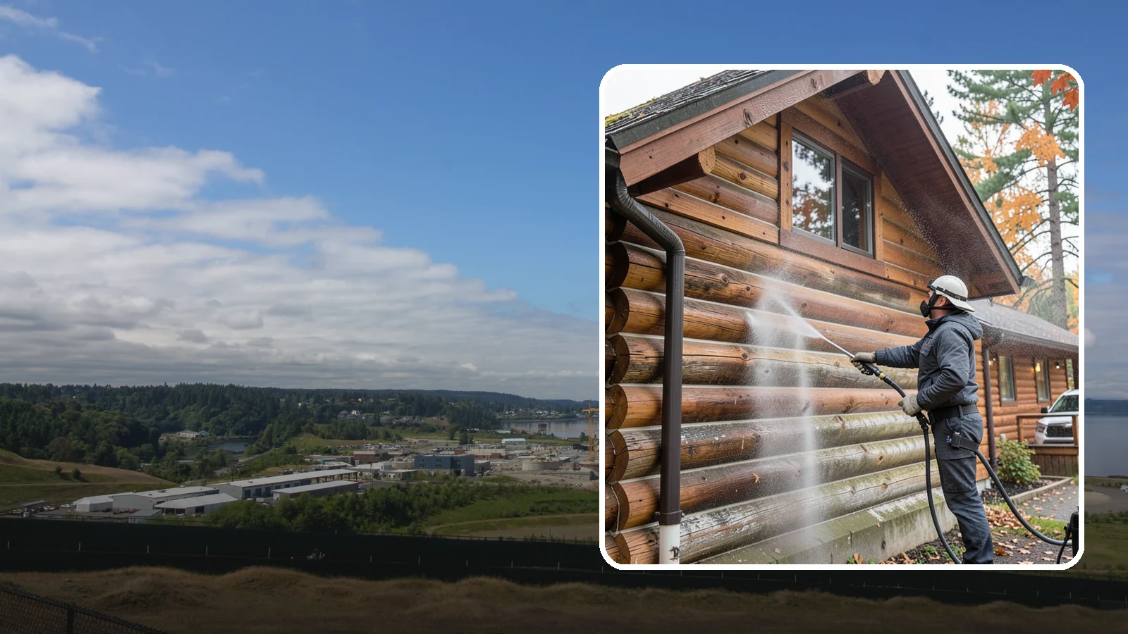 Log Home Washing in University Place, Pierce County, WA - Log home washing clears mildew, pollen, and gray weathering from logs while protecting the checking and joints unique to log...