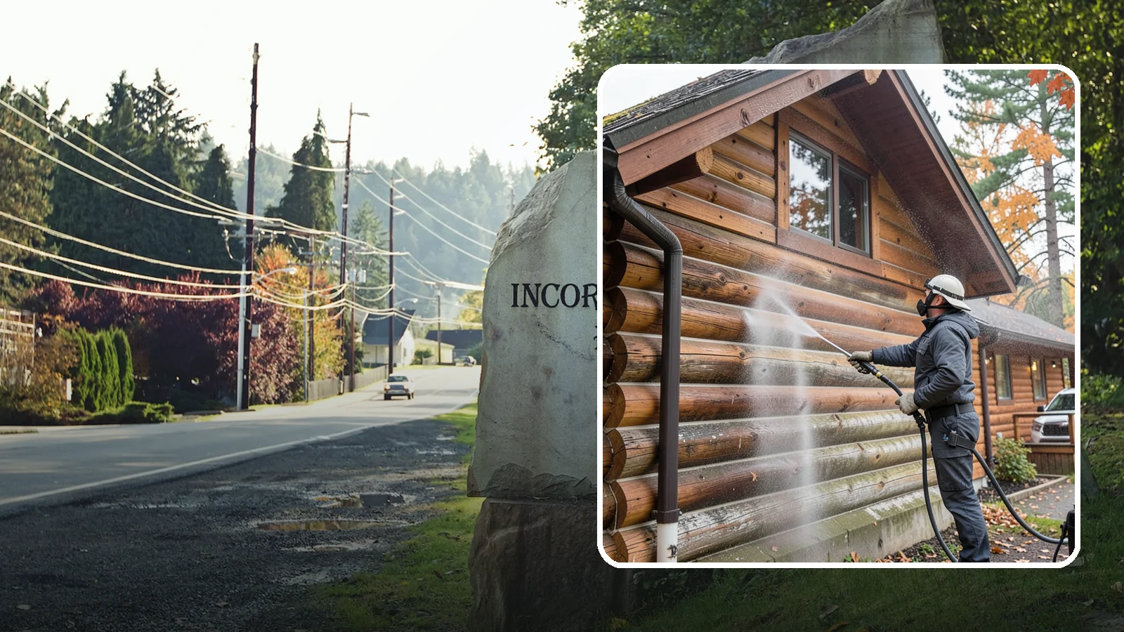 Log Home Washing in Wilkeson, Pierce County, WA - Log home washing clears mildew, pollen, and gray weathering from logs while protecting the checking and joints unique to log...
