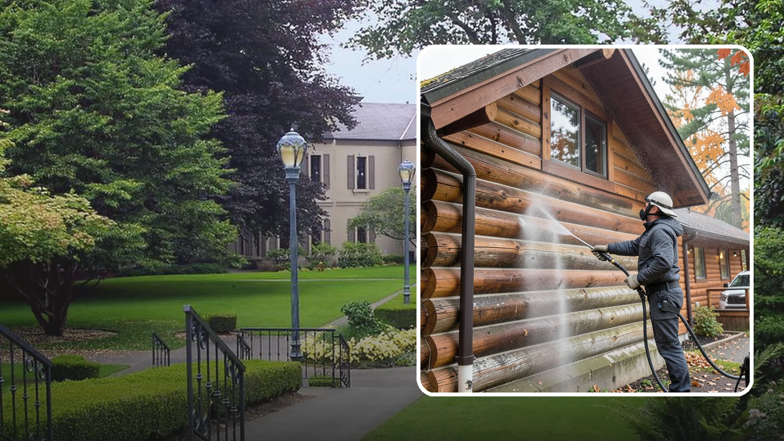 Log Home Washing in Woodinville, King County, WA - Log home washing clears mildew, pollen, and gray weathering from logs while protecting the checking and joints unique to log...