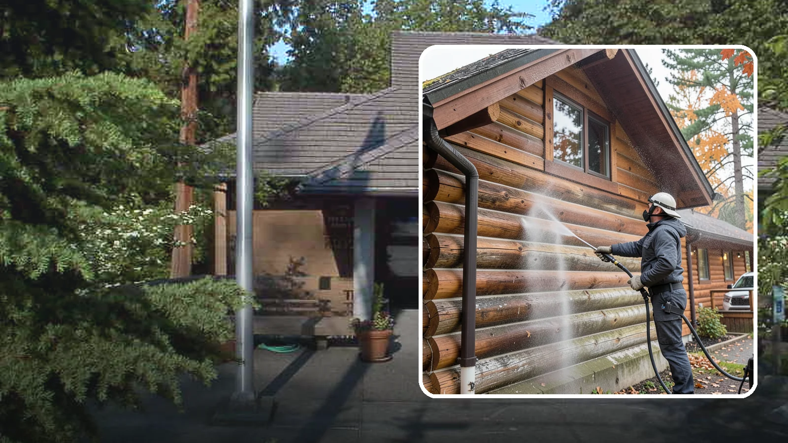 Log Home Washing in Yarrow Point, King County, WA - Log home washing clears mildew, pollen, and gray weathering from logs while protecting the checking and joints unique to log...