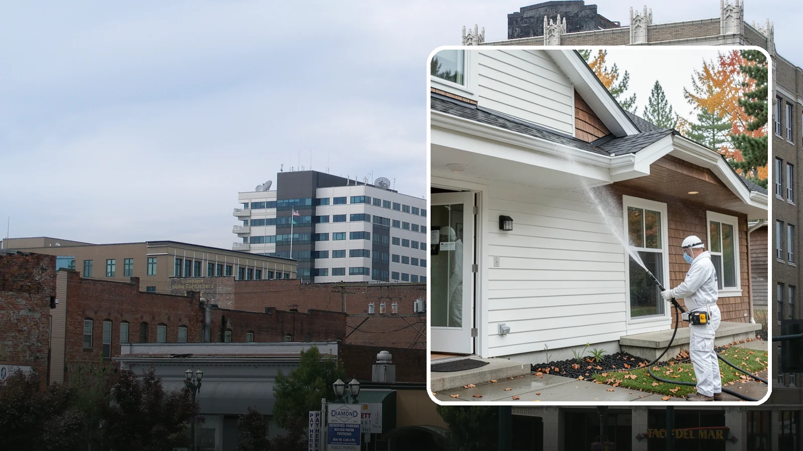 Medical Facility Exterior Cleaning in Everett, Snohomish County, WA - Sanitizing exterior wash for clinics and medical offices that removes biofilm, mildew, and grime from entrances, walkways, and...