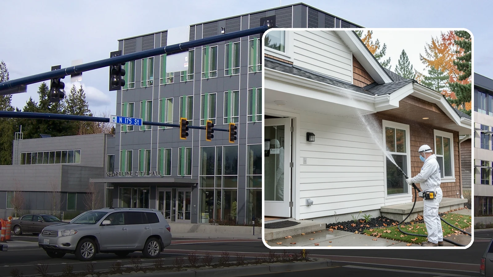 Medical Facility Exterior Cleaning in Shoreline, King County, WA - Sanitizing exterior wash for clinics and medical offices that removes biofilm, mildew, and grime from entrances, walkways, and...