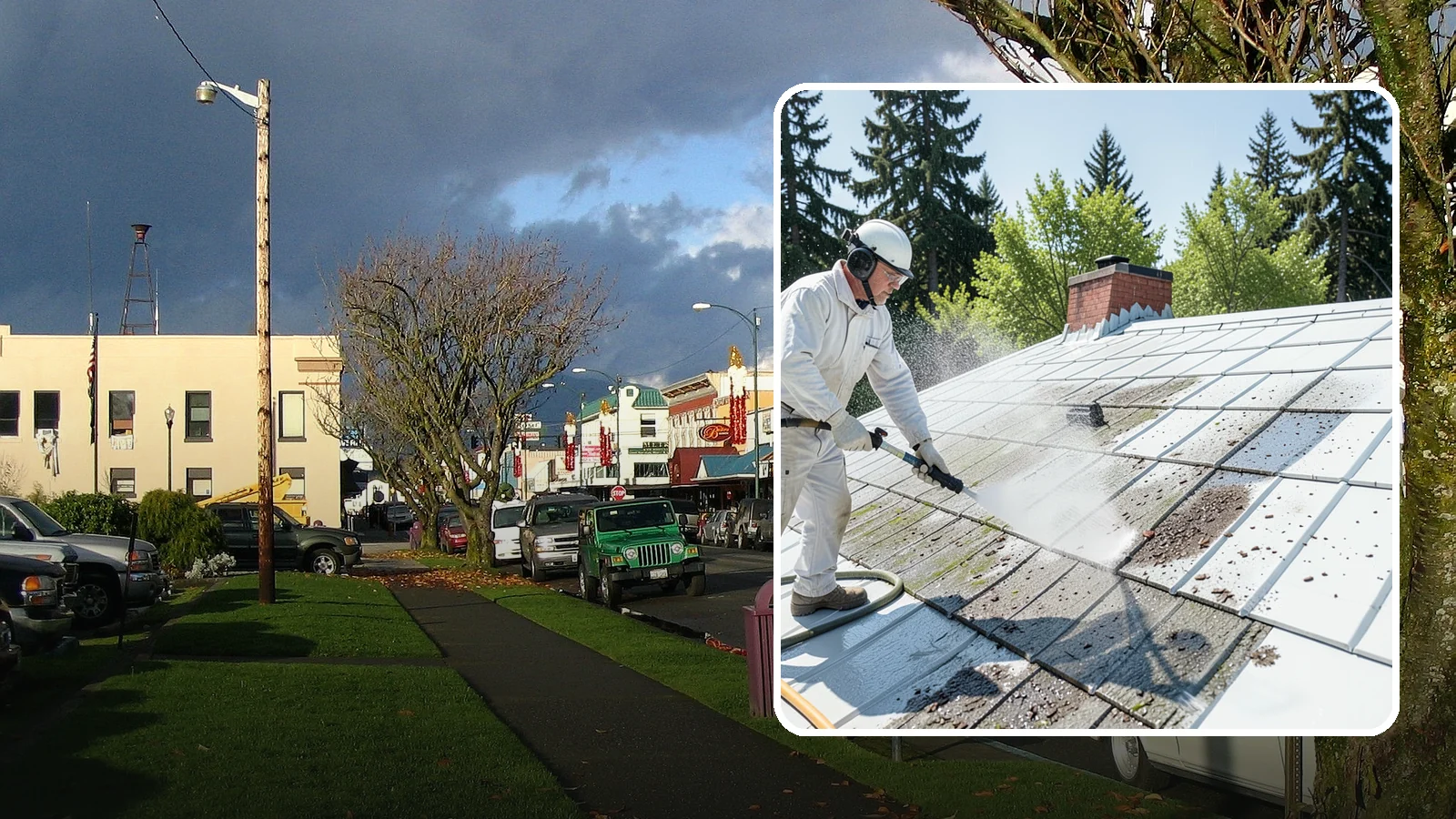 Metal Roof Cleaning in Arlington, Snohomish County, WA - Careful cleaning of standing seam and corrugated metal roofs that removes moss and oxidation without scratching the finish.