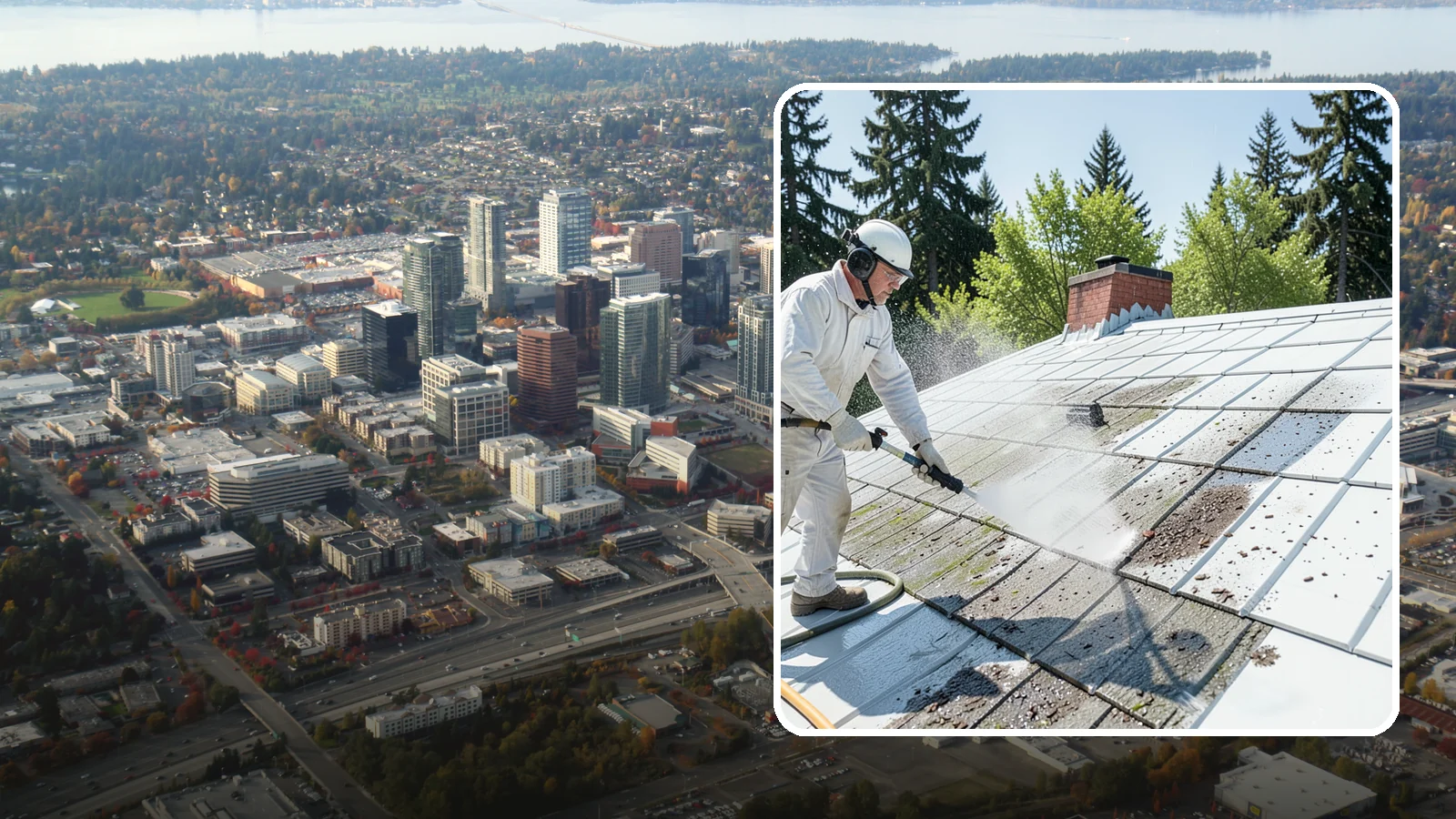 Metal Roof Cleaning in Bellevue, King County, WA - Careful cleaning of standing seam and corrugated metal roofs that removes moss and oxidation without scratching the finish.