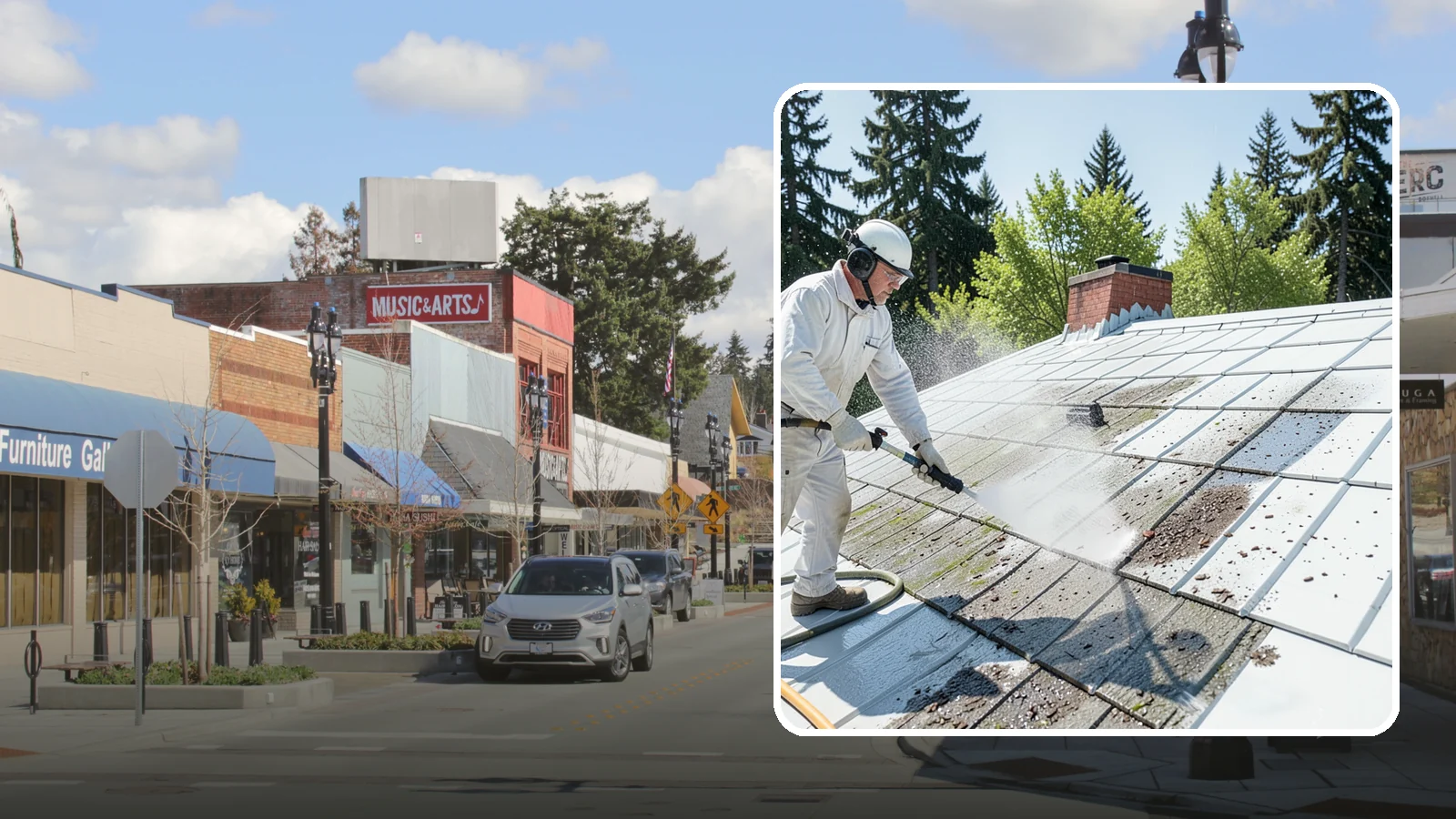 Metal Roof Cleaning in Bothell, King County, WA - Careful cleaning of standing seam and corrugated metal roofs that removes moss and oxidation without scratching the finish.