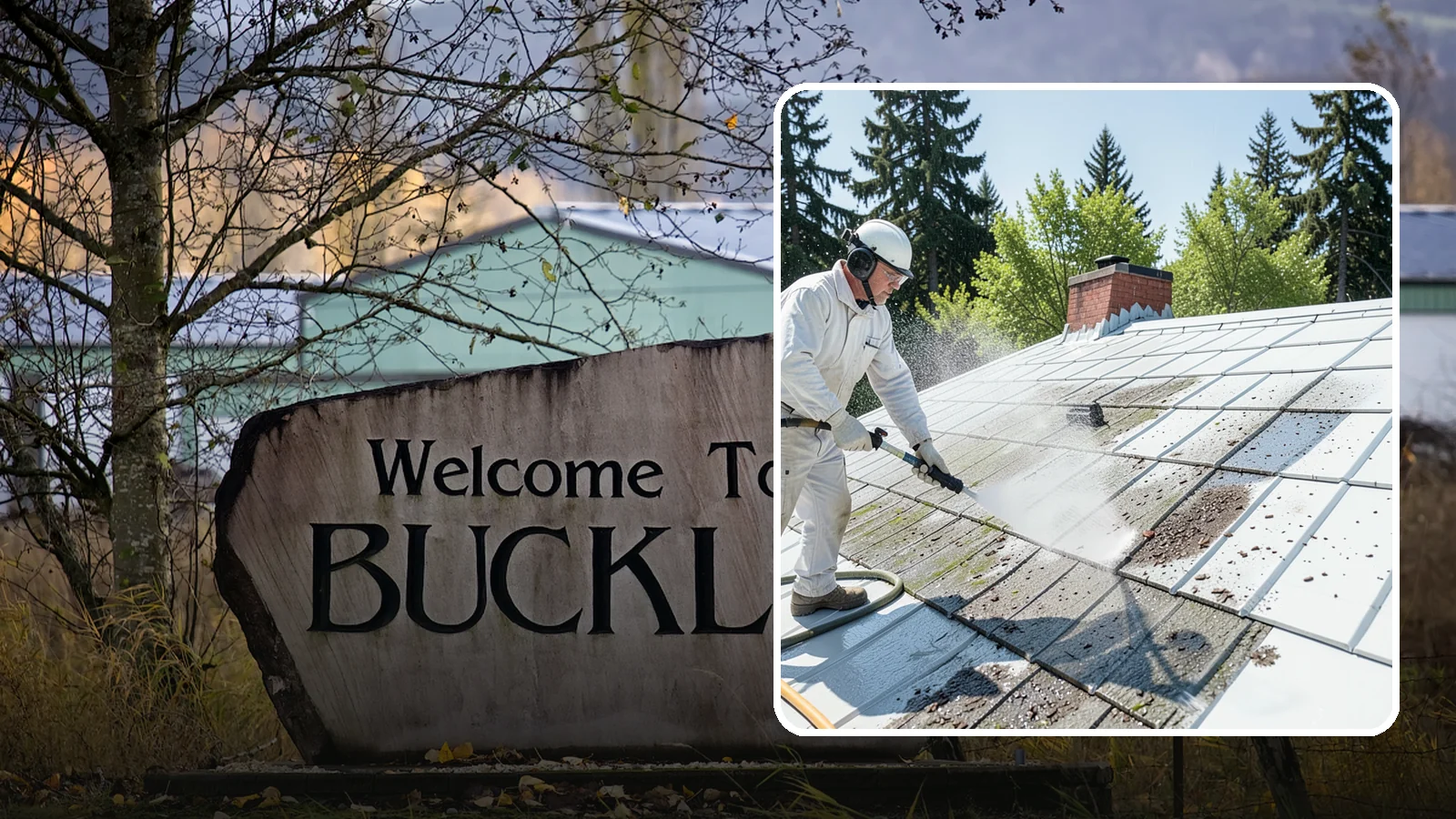 Metal Roof Cleaning in Buckley, Pierce County, WA - Careful cleaning of standing seam and corrugated metal roofs that removes moss and oxidation without scratching the finish.
