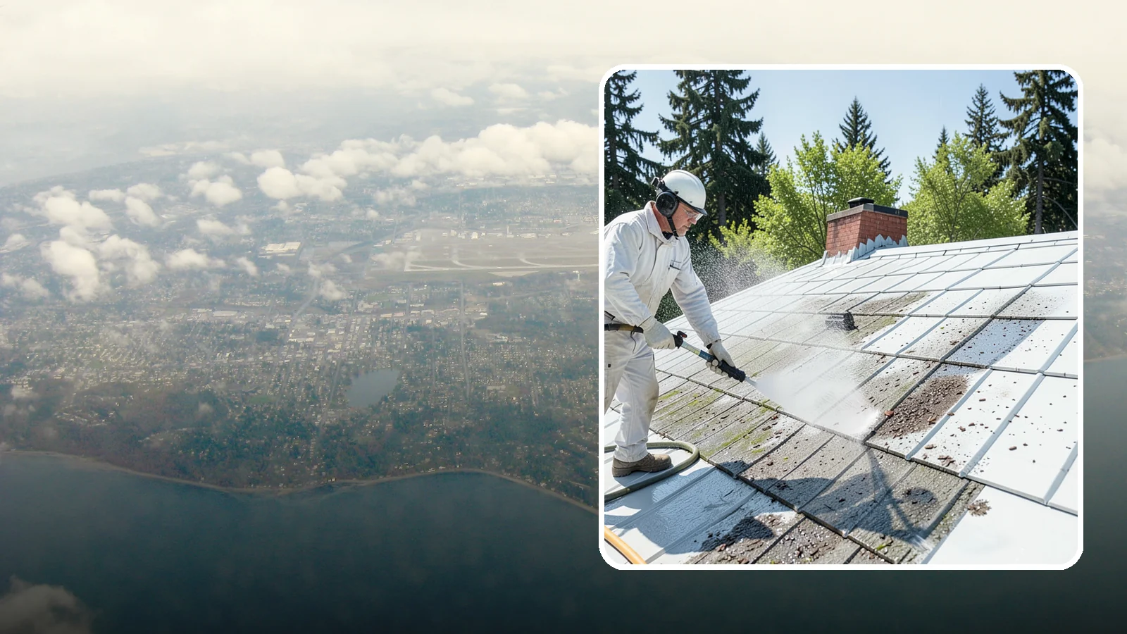 Metal Roof Cleaning in Burien, King County, WA - Careful cleaning of standing seam and corrugated metal roofs that removes moss and oxidation without scratching the finish.