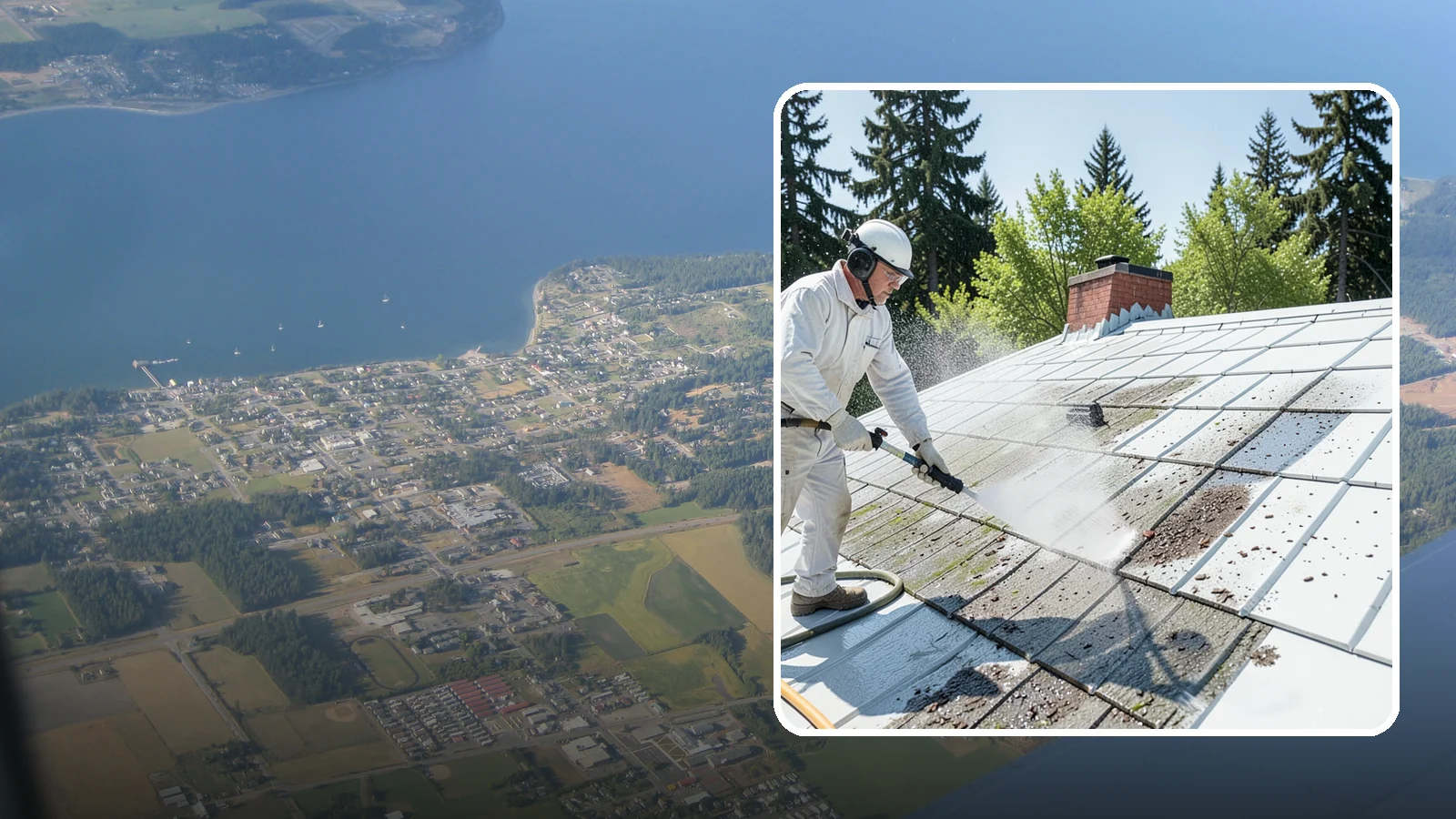 Metal Roof Cleaning in Coupeville, Island County, WA - Careful cleaning of standing seam and corrugated metal roofs that removes moss and oxidation without scratching the finish.