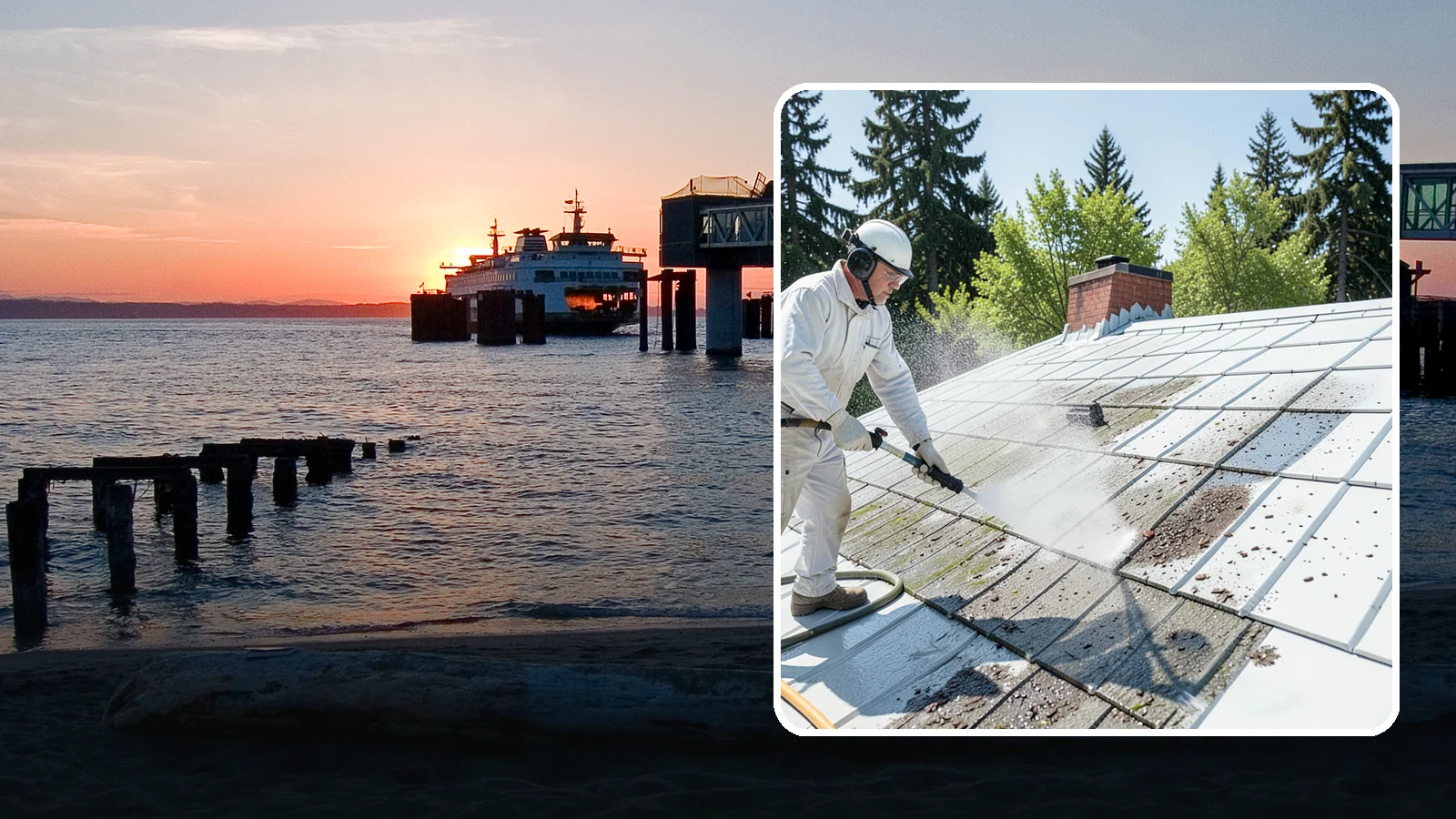 Metal Roof Cleaning in Edmonds, Snohomish County, WA - Careful cleaning of standing seam and corrugated metal roofs that removes moss and oxidation without scratching the finish.