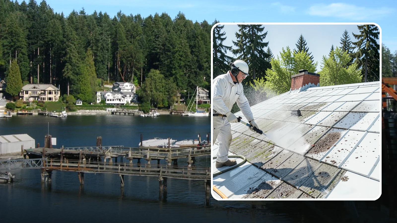 Metal Roof Cleaning in Gig Harbor, Pierce County, WA - Careful cleaning of standing seam and corrugated metal roofs that removes moss and oxidation without scratching the finish.
