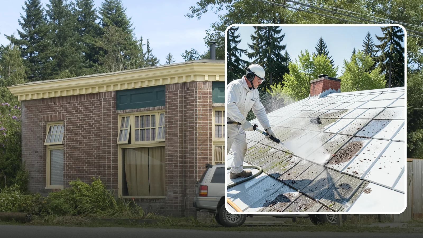Metal Roof Cleaning in Hamilton, Skagit County, WA - Careful cleaning of standing seam and corrugated metal roofs that removes moss and oxidation without scratching the finish.