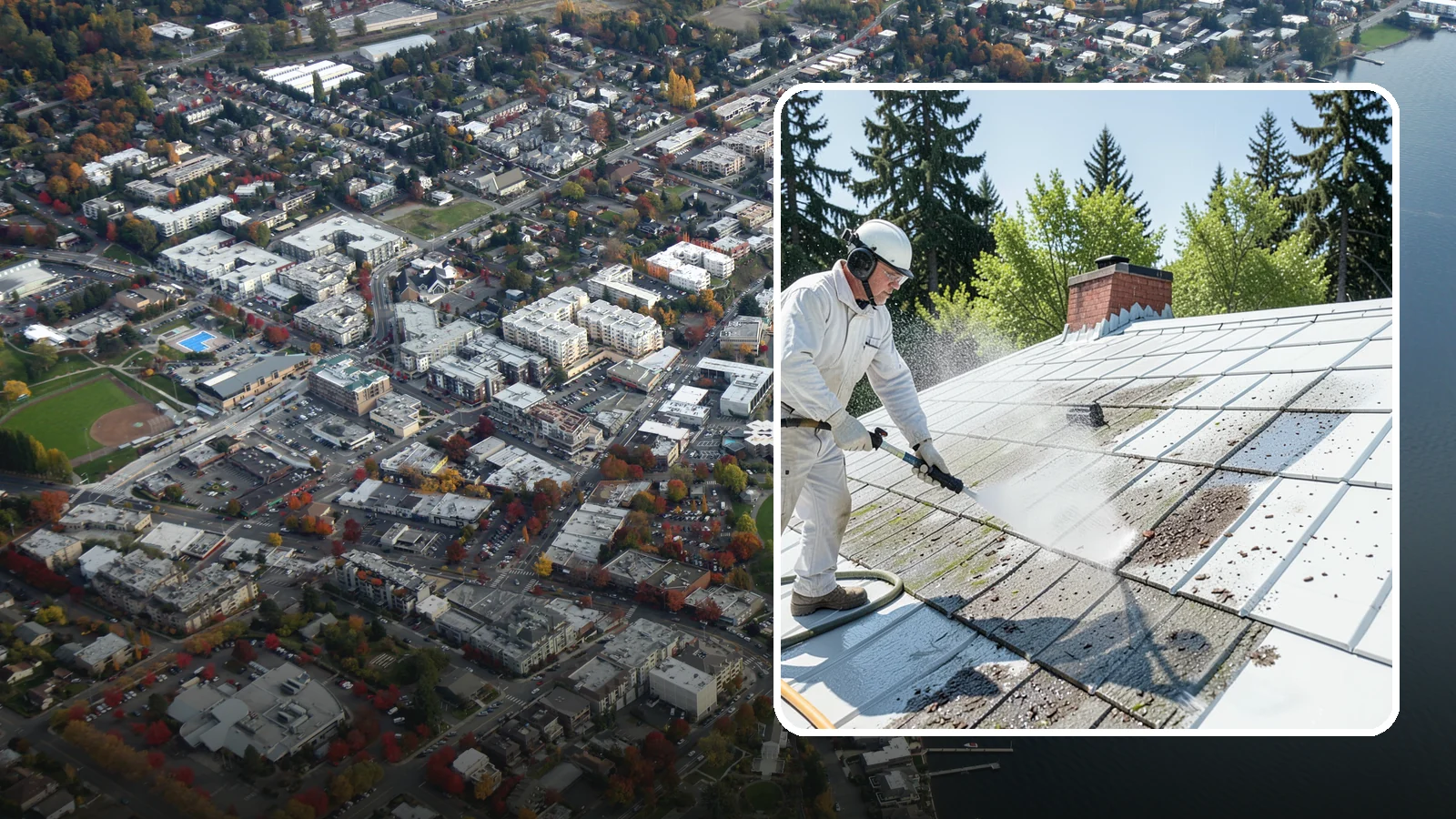 Metal Roof Cleaning in Kirkland, King County, WA - Careful cleaning of standing seam and corrugated metal roofs that removes moss and oxidation without scratching the finish.