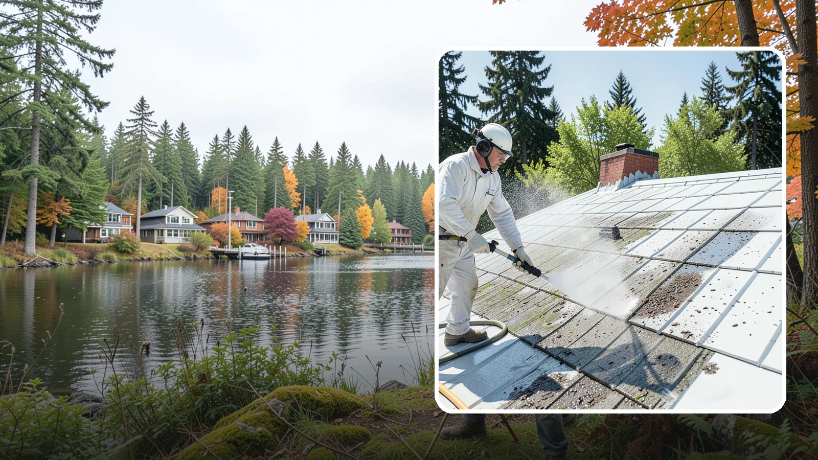 Metal Roof Cleaning in La Conner, Skagit County, WA - Careful cleaning of standing seam and corrugated metal roofs that removes moss and oxidation without scratching the finish.