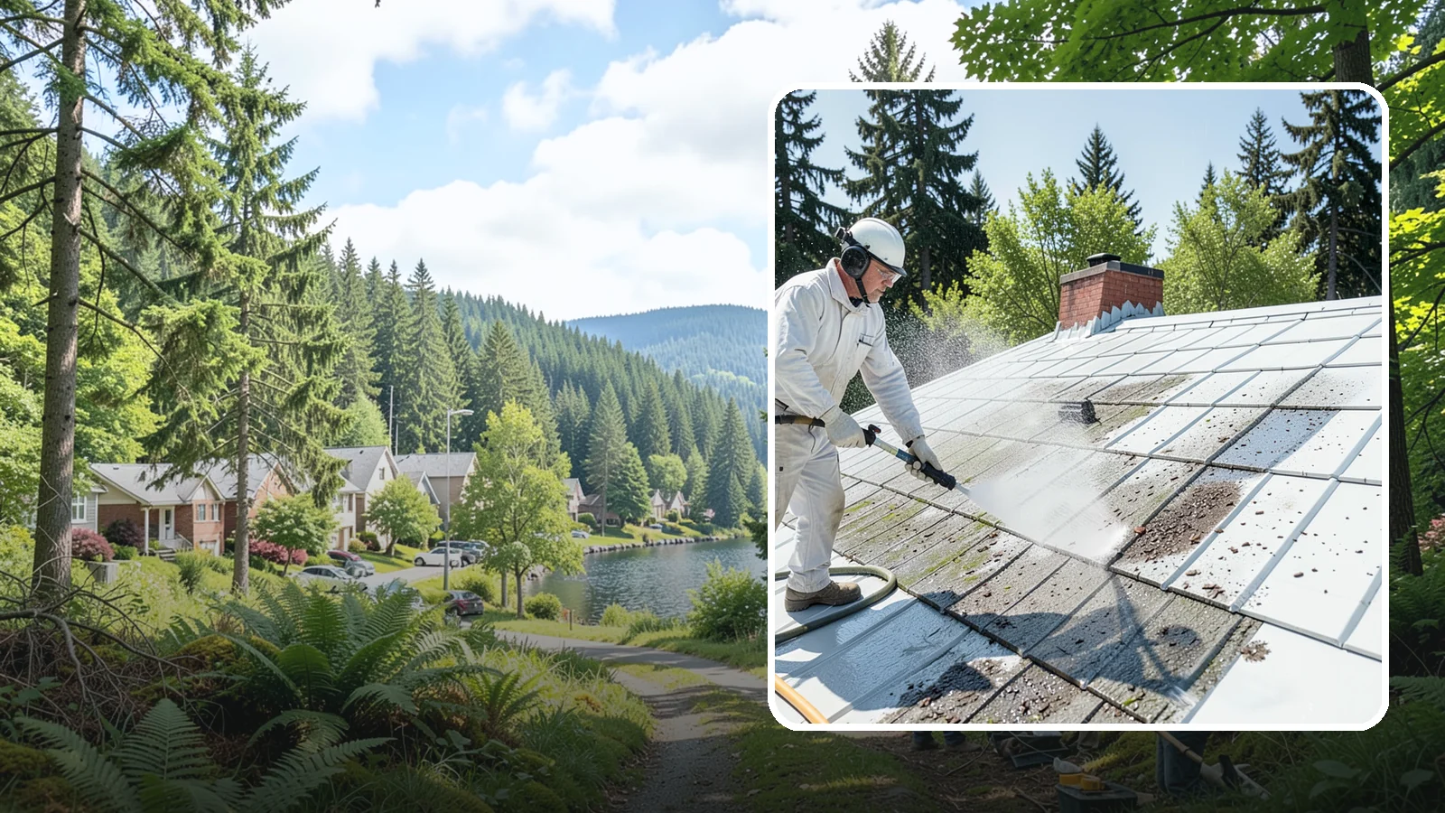 Metal Roof Cleaning in Lake Forest Park, King County, WA - Careful cleaning of standing seam and corrugated metal roofs that removes moss and oxidation without scratching the finish.