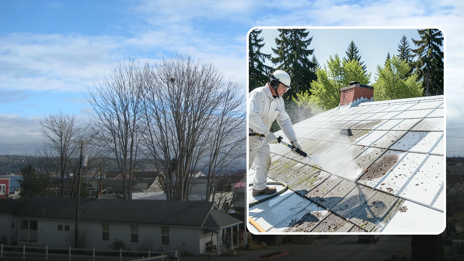 Metal Roof Cleaning in Langley, Island County, WA - Careful cleaning of standing seam and corrugated metal roofs that removes moss and oxidation without scratching the finish.