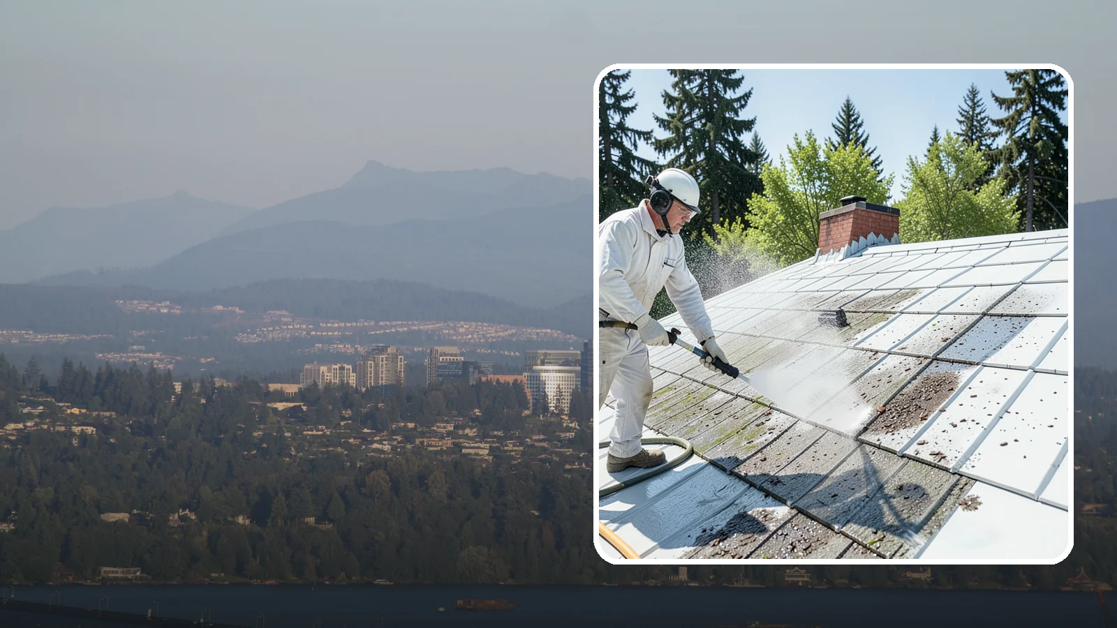 Metal Roof Cleaning in Medina, King County, WA - Careful cleaning of standing seam and corrugated metal roofs that removes moss and oxidation without scratching the finish.
