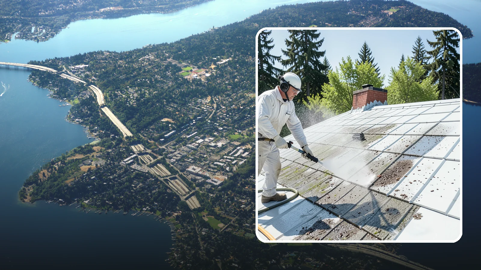 Metal Roof Cleaning in Mercer Island, King County, WA - Careful cleaning of standing seam and corrugated metal roofs that removes moss and oxidation without scratching the finish.