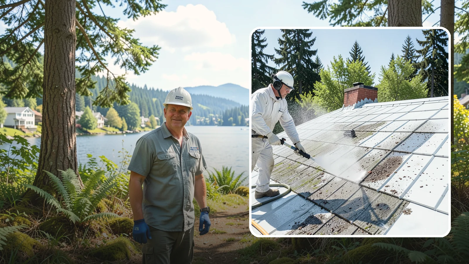 Metal Roof Cleaning in Milton, King County, WA - Careful cleaning of standing seam and corrugated metal roofs that removes moss and oxidation without scratching the finish.