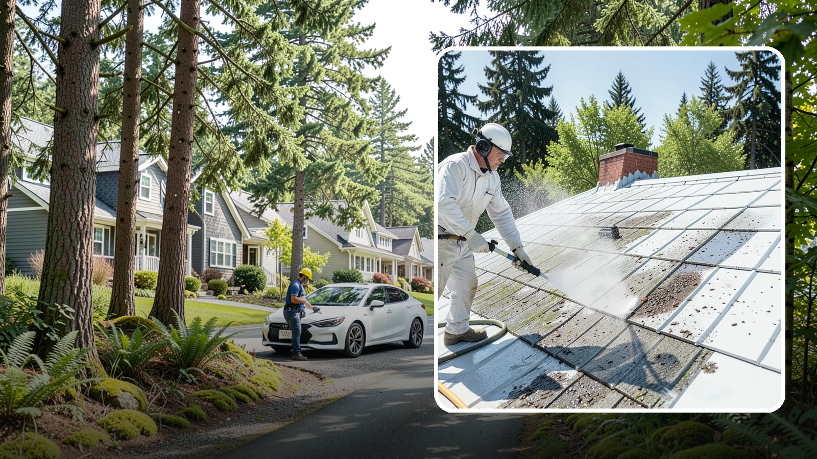 Metal Roof Cleaning in Normandy Park, King County, WA - Careful cleaning of standing seam and corrugated metal roofs that removes moss and oxidation without scratching the finish.