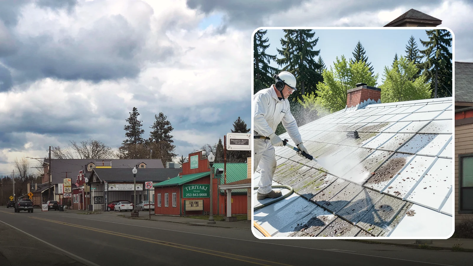 Metal Roof Cleaning in Roy, Pierce County, WA - Careful cleaning of standing seam and corrugated metal roofs that removes moss and oxidation without scratching the finish.