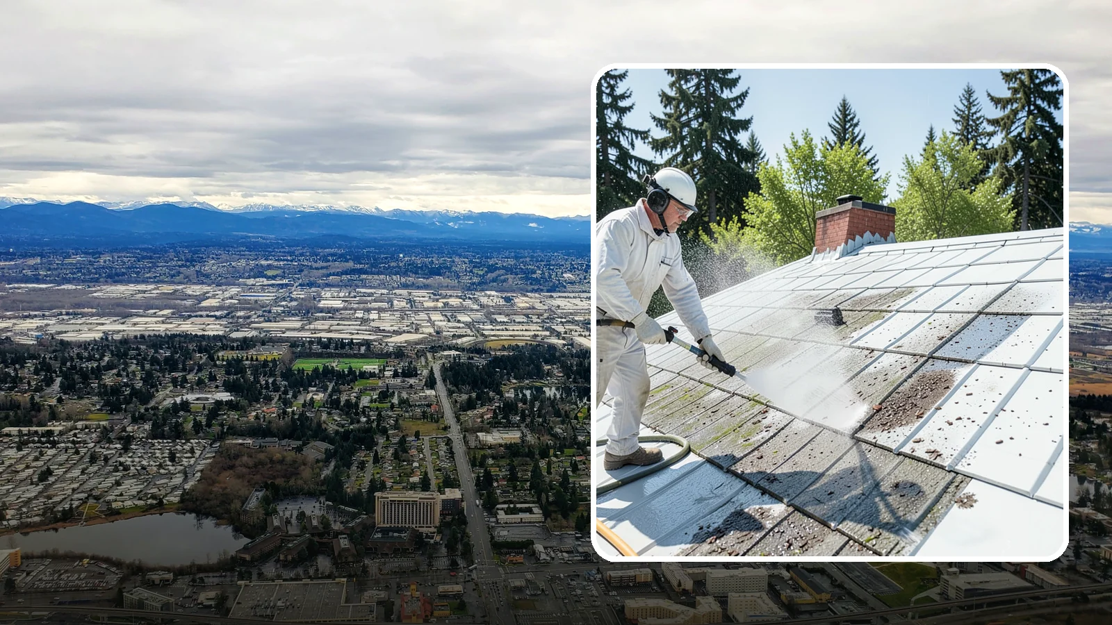 Metal Roof Cleaning in SeaTac, King County, WA - Careful cleaning of standing seam and corrugated metal roofs that removes moss and oxidation without scratching the finish.