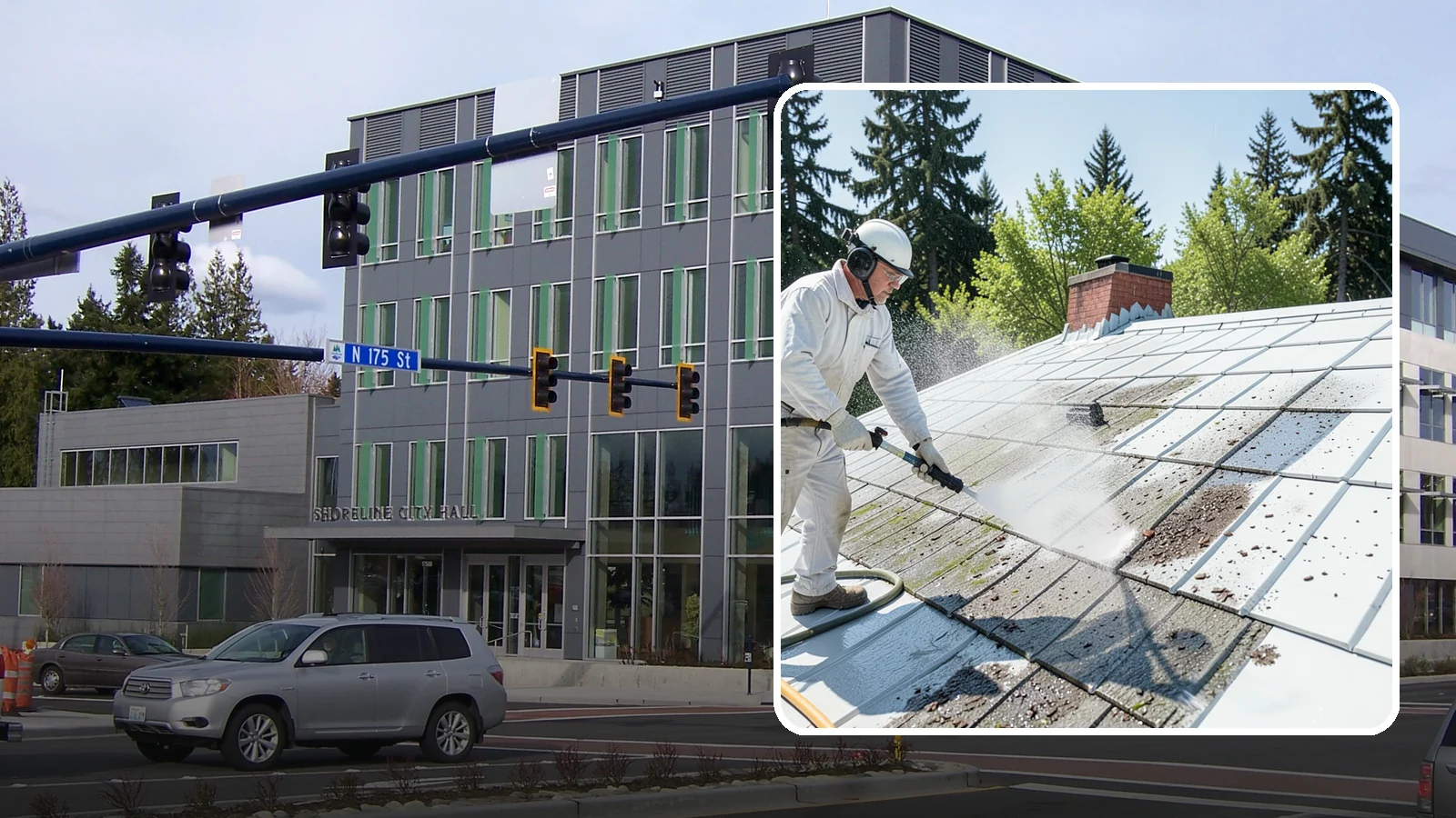 Metal Roof Cleaning in Shoreline, King County, WA - Careful cleaning of standing seam and corrugated metal roofs that removes moss and oxidation without scratching the finish.