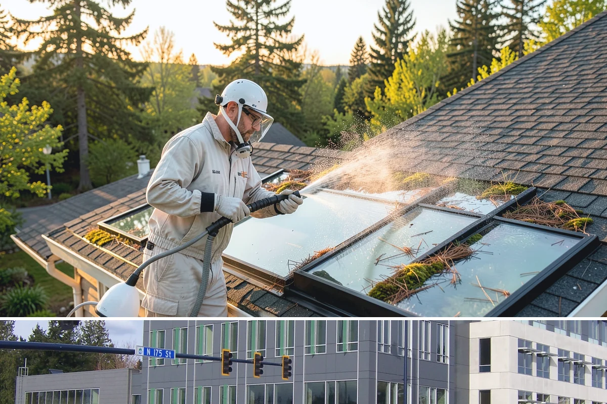 Metal Roof Cleaning in Shoreline, King County, WA - Summer and early autumn provide the dry footing and mild temperatures that make metal roof work safest.