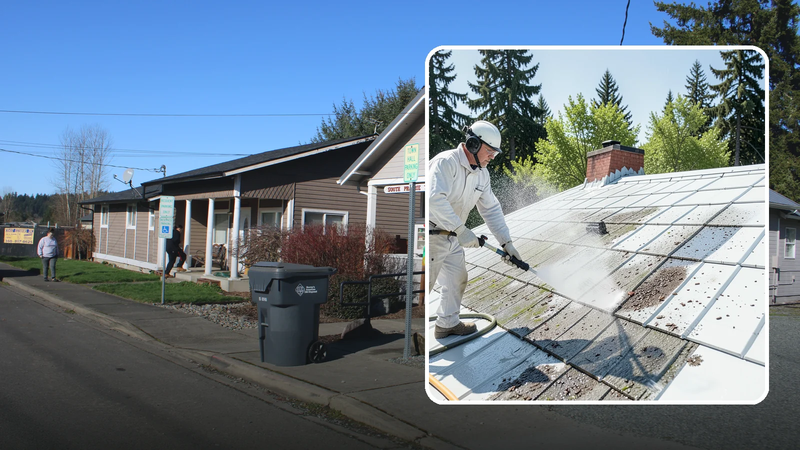 Metal Roof Cleaning in South Prairie, Pierce County, WA - Careful cleaning of standing seam and corrugated metal roofs that removes moss and oxidation without scratching the finish.