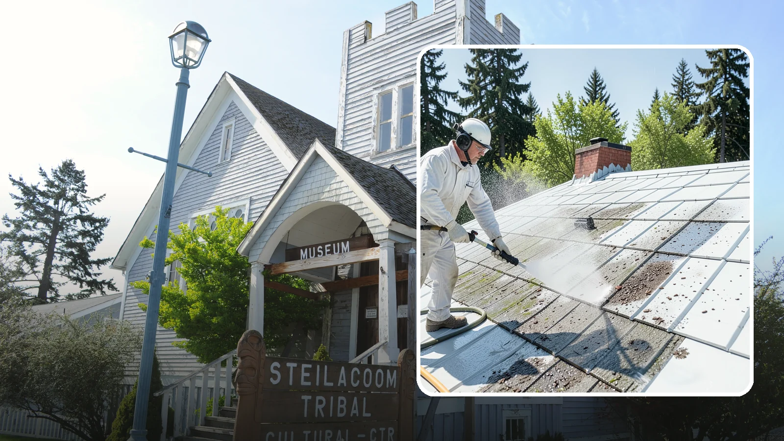 Metal Roof Cleaning in Steilacoom, Pierce County, WA - Careful cleaning of standing seam and corrugated metal roofs that removes moss and oxidation without scratching the finish.