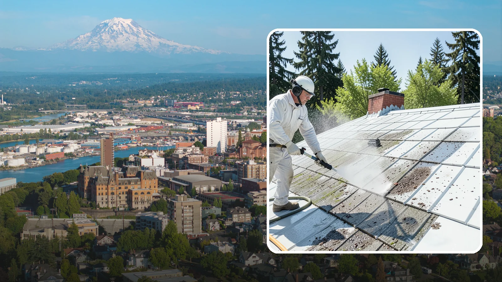 Metal Roof Cleaning in Tacoma, Pierce County, WA - Careful cleaning of standing seam and corrugated metal roofs that removes moss and oxidation without scratching the finish.