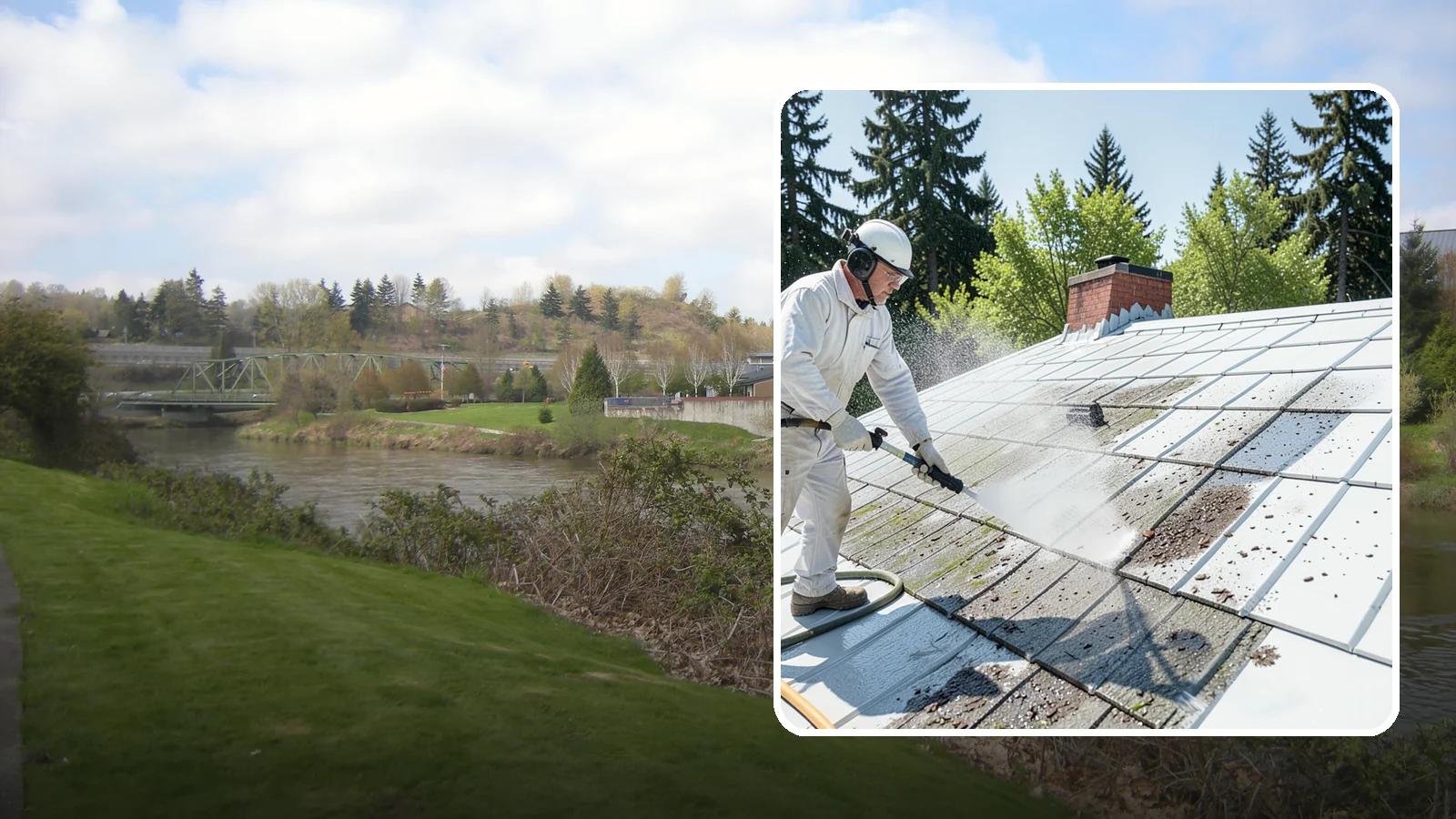 Metal Roof Cleaning in Tukwila, King County, WA - Careful cleaning of standing seam and corrugated metal roofs that removes moss and oxidation without scratching the finish.