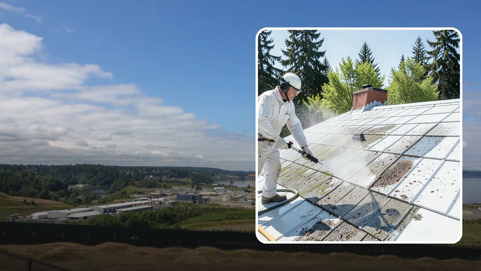 Metal Roof Cleaning in University Place, Pierce County, WA - Careful cleaning of standing seam and corrugated metal roofs that removes moss and oxidation without scratching the finish.