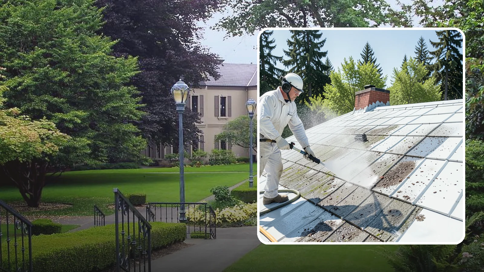 Metal Roof Cleaning in Woodinville, King County, WA - Careful cleaning of standing seam and corrugated metal roofs that removes moss and oxidation without scratching the finish.