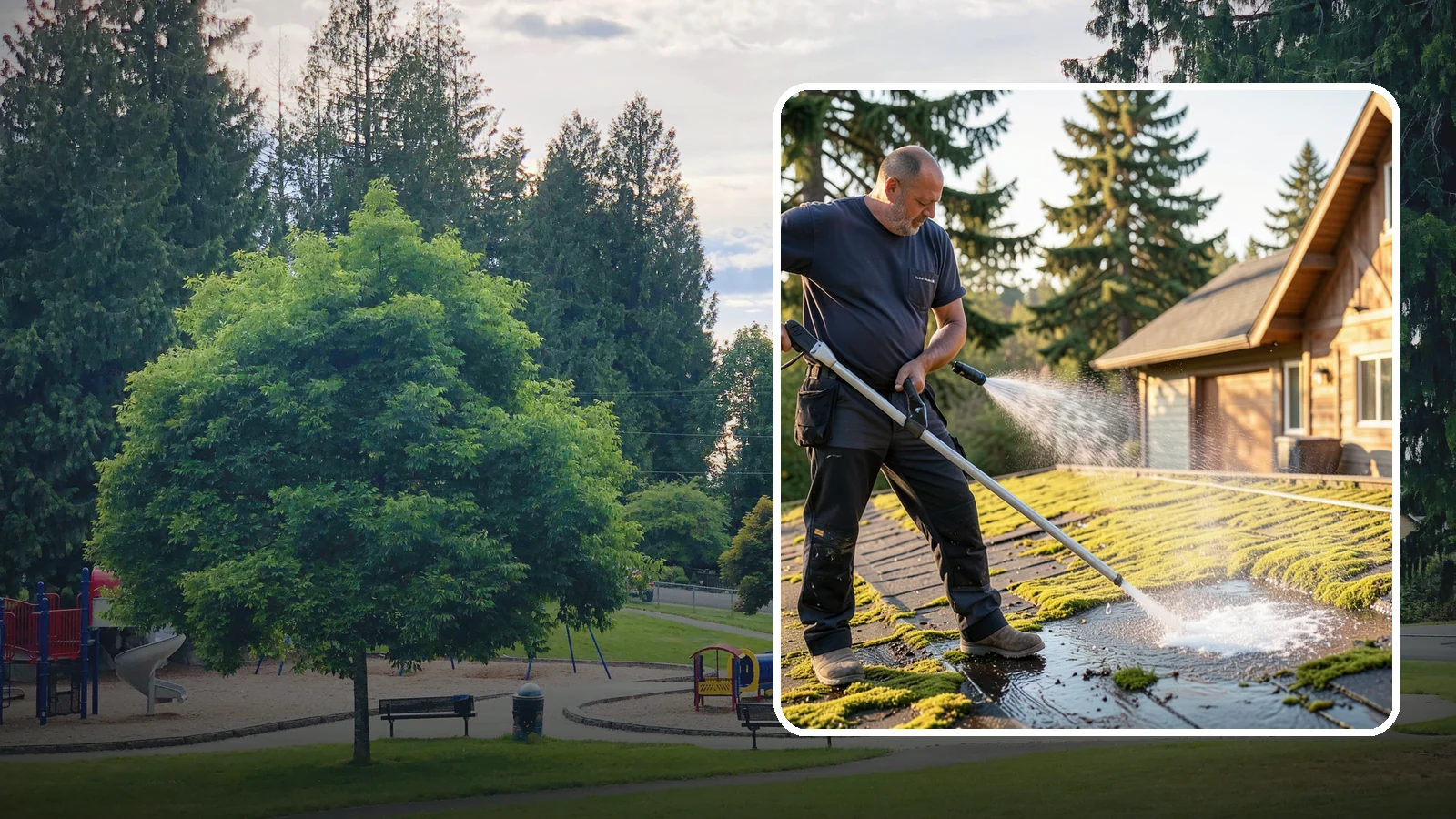 Moss Treatment in Bonney Lake, Pierce County, WA - Moss treatment applies a targeted solution that kills and helps clear the thick moss that thrives on Washington roofs, walkways...