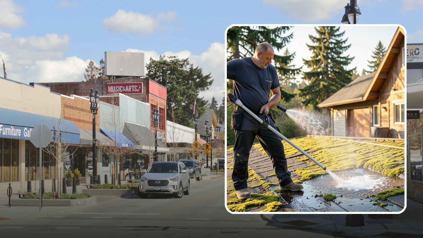 Moss Treatment in Bothell, King County, WA - Moss treatment applies a targeted solution that kills and helps clear the thick moss that thrives on Washington roofs, walkways...