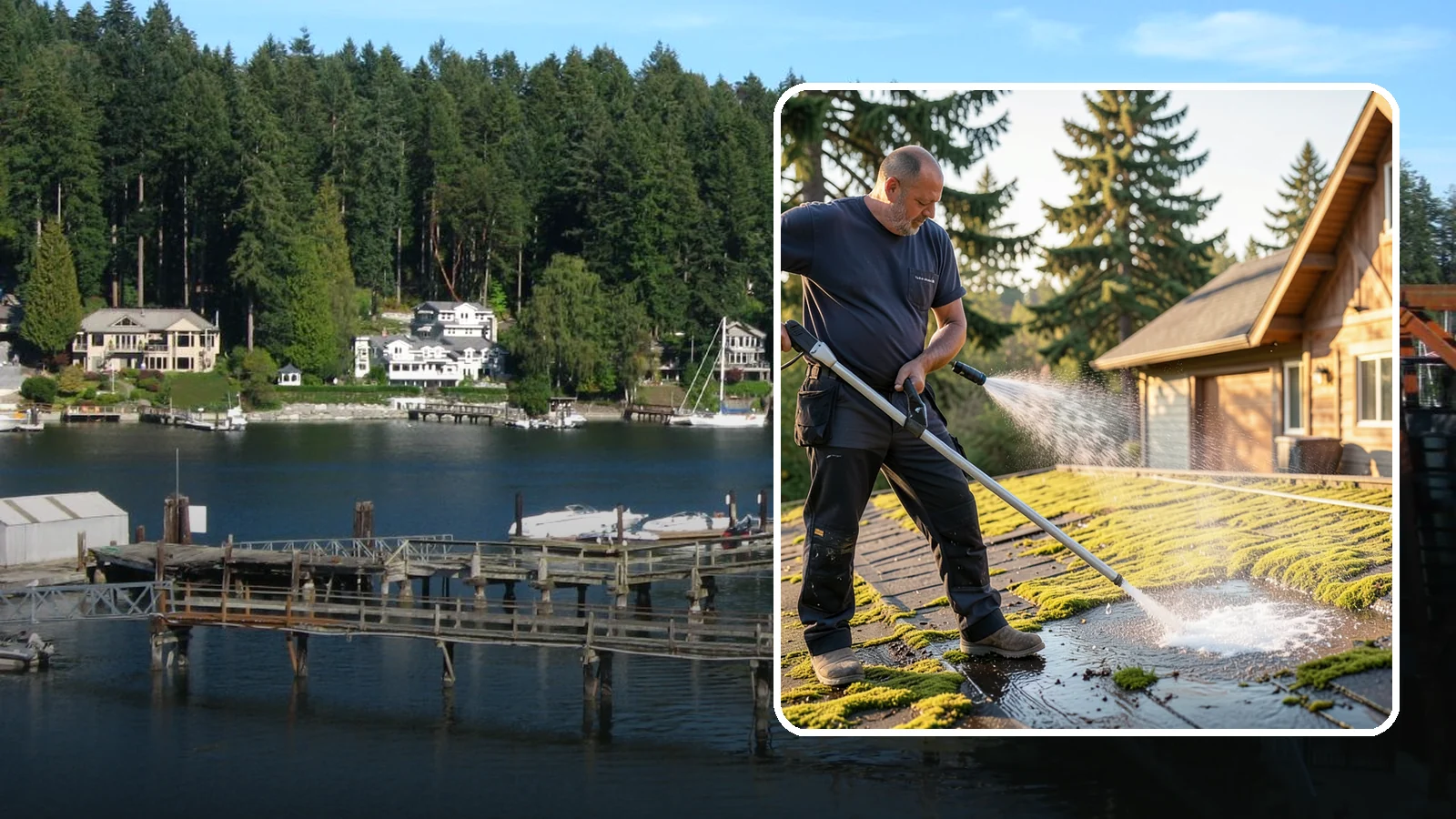 Moss Treatment in Gig Harbor, Pierce County, WA - Moss treatment applies a targeted solution that kills and helps clear the thick moss that thrives on Washington roofs, walkways...