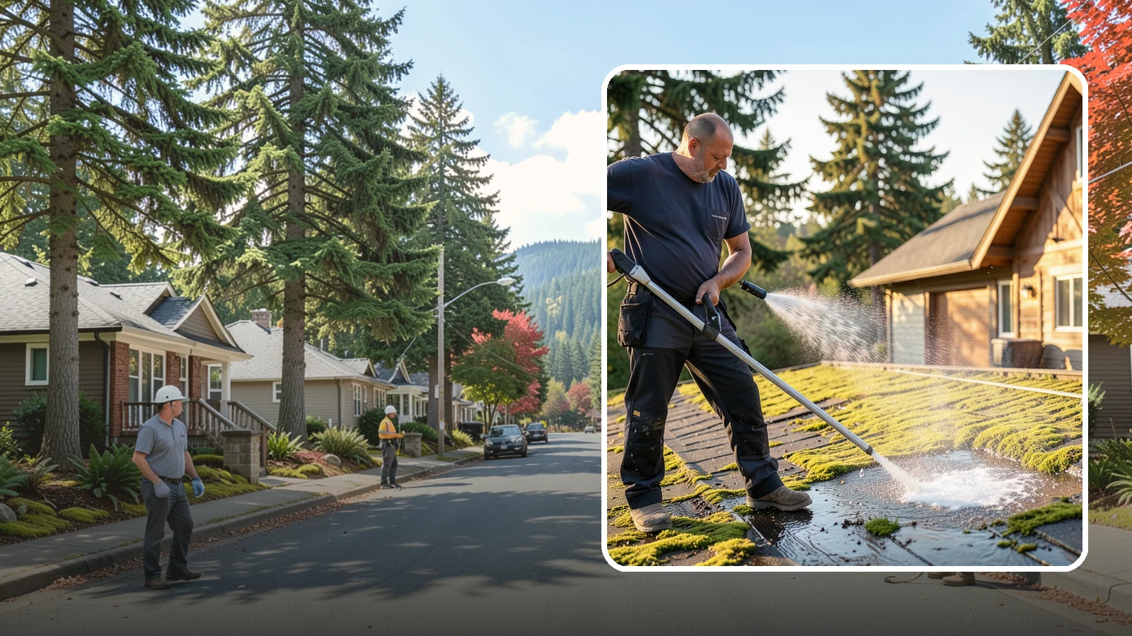 Moss Treatment in Hunts Point, King County, WA - Moss treatment applies a targeted solution that kills and helps clear the thick moss that thrives on Washington roofs, walkways...