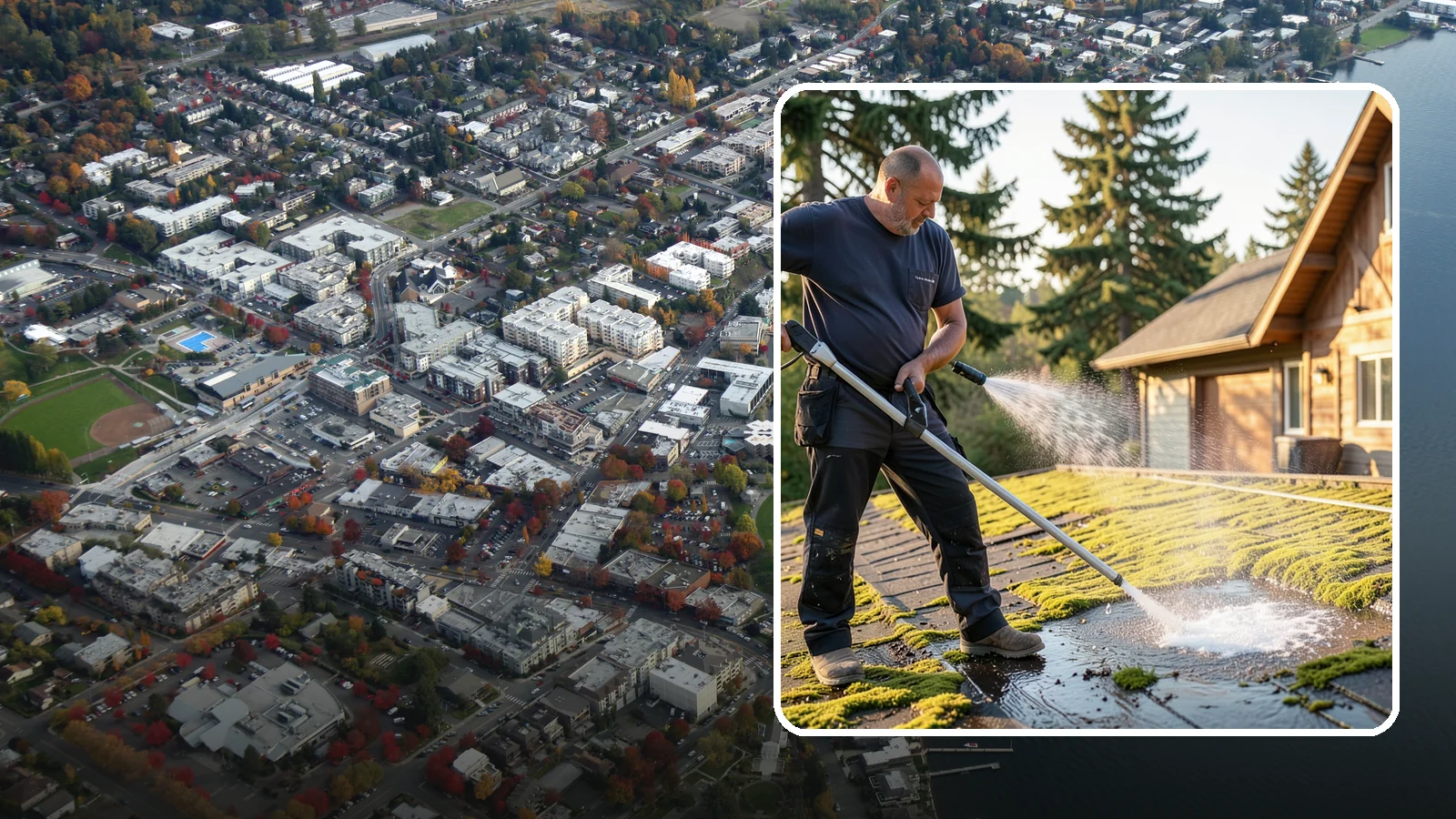 Moss Treatment in Kirkland, King County, WA - Moss treatment applies a targeted solution that kills and helps clear the thick moss that thrives on Washington roofs, walkways...