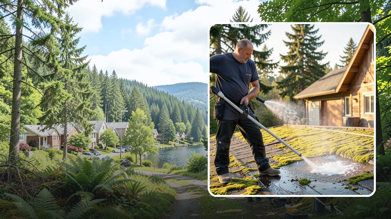 Moss Treatment in Lake Forest Park, King County, WA - Moss treatment applies a targeted solution that kills and helps clear the thick moss that thrives on Washington roofs, walkways...