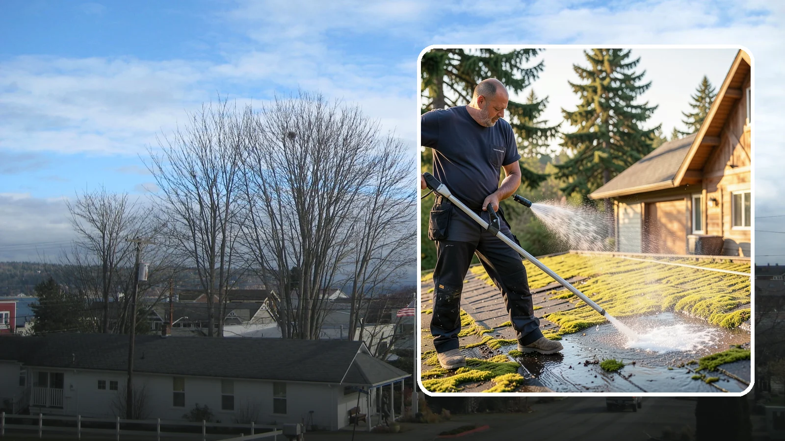 Moss Treatment in Langley, Island County, WA - Moss treatment applies a targeted solution that kills and helps clear the thick moss that thrives on Washington roofs, walkways...
