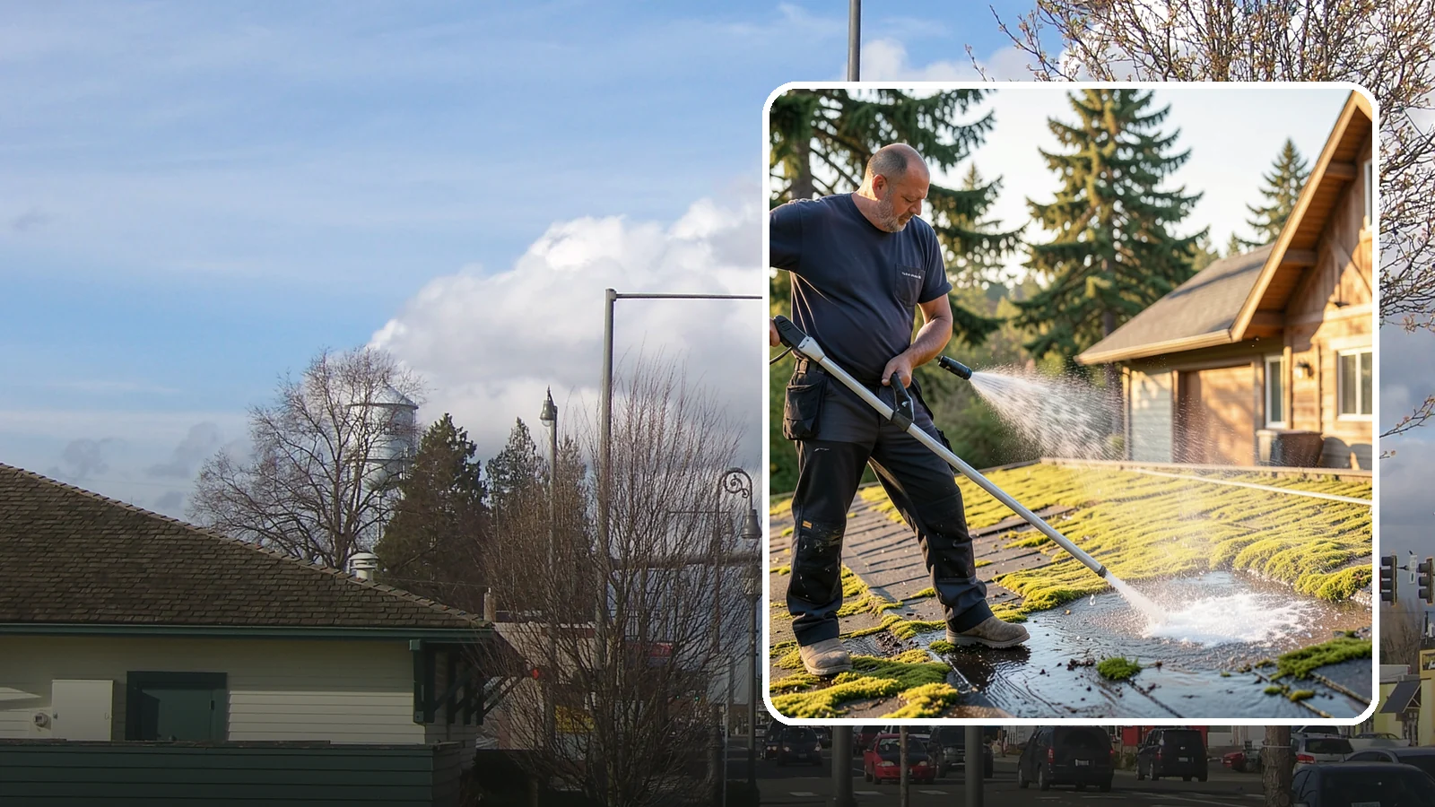 Moss Treatment in Marysville, Snohomish County, WA - Moss treatment applies a targeted solution that kills and helps clear the thick moss that thrives on Washington roofs, walkways...