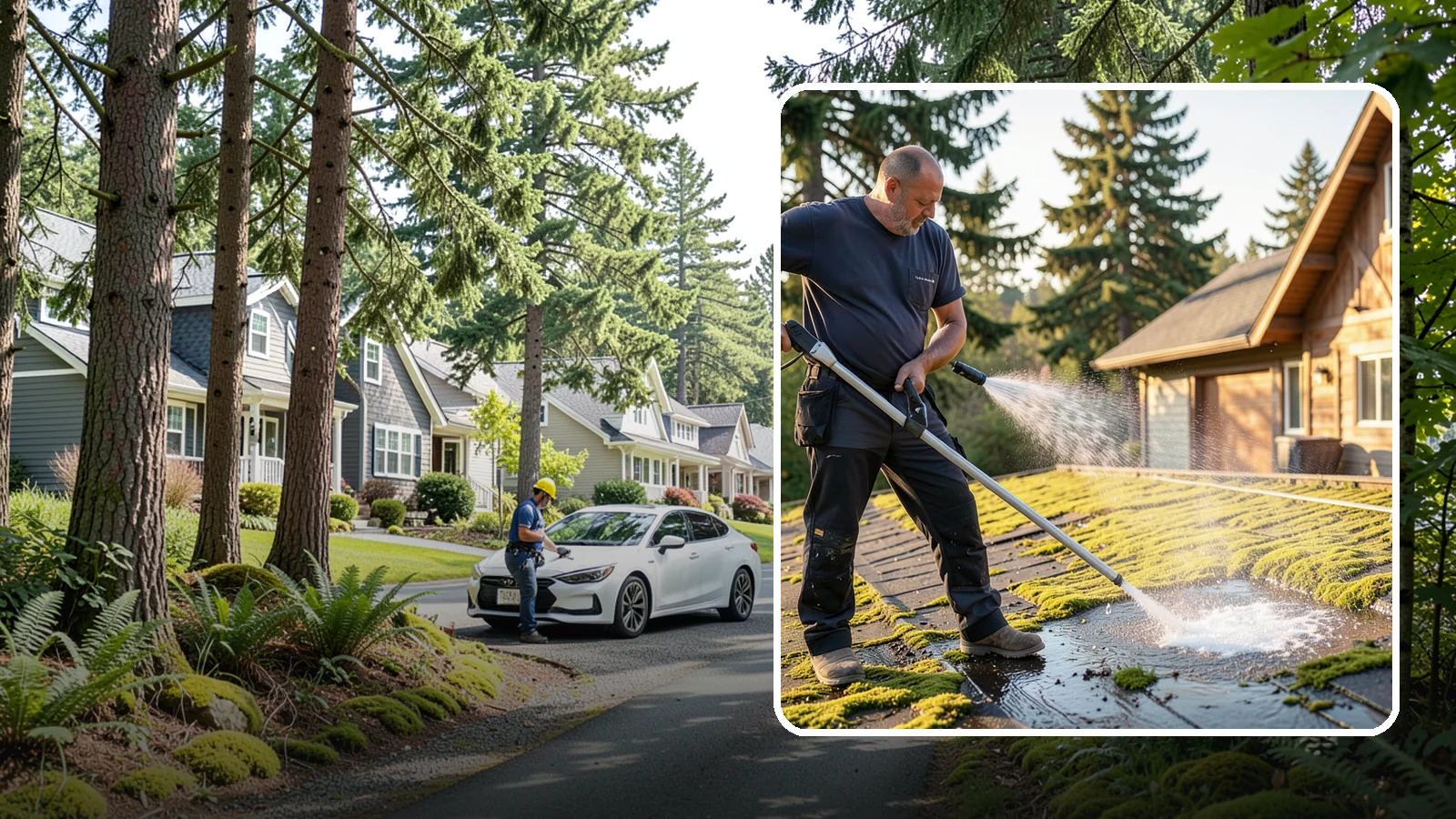 Moss Treatment in Normandy Park, King County, WA - Moss treatment applies a targeted solution that kills and helps clear the thick moss that thrives on Washington roofs, walkways...
