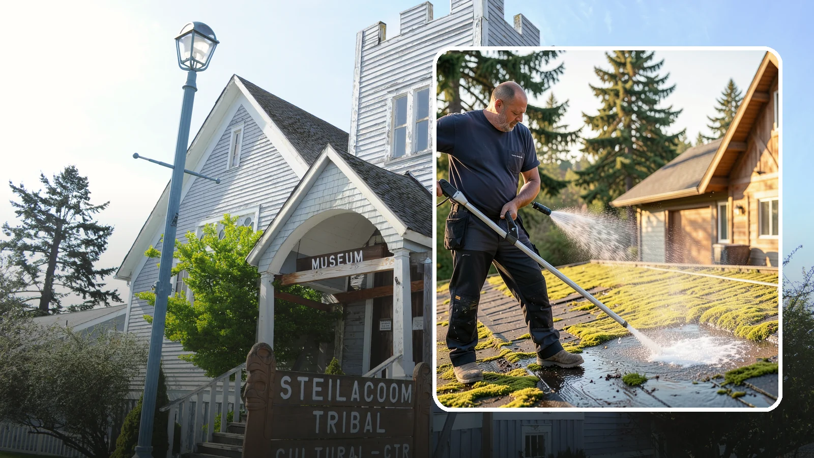 Moss Treatment in Steilacoom, Pierce County, WA - Moss treatment applies a targeted solution that kills and helps clear the thick moss that thrives on Washington roofs, walkways...