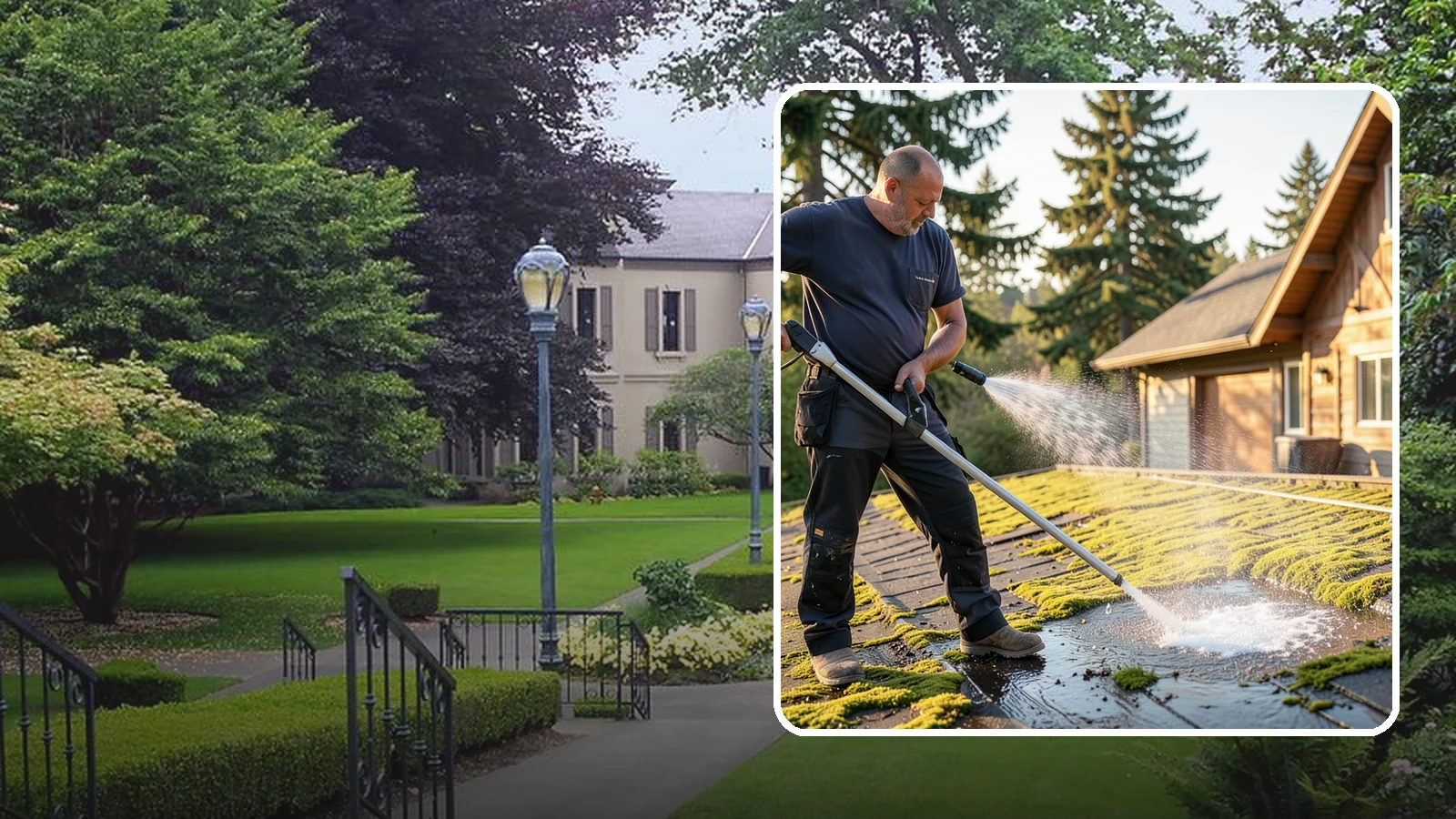 Moss Treatment in Woodinville, King County, WA - Moss treatment applies a targeted solution that kills and helps clear the thick moss that thrives on Washington roofs, walkways...