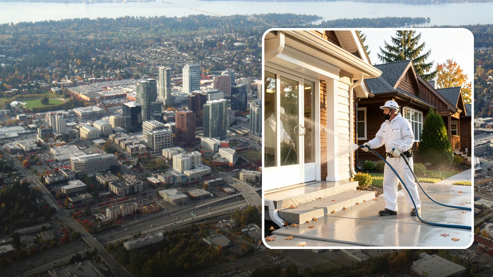 New Construction Cleaning in Bellevue, King County, WA - We give newly built Washington homes and buildings a first exterior cleaning to remove build residue before move-in.
