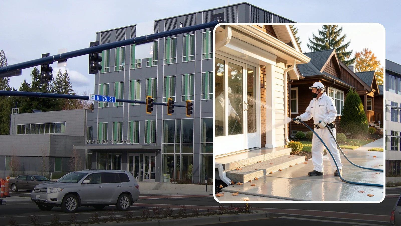 New Construction Cleaning in Shoreline, King County, WA - We give newly built Washington homes and buildings a first exterior cleaning to remove build residue before move-in.