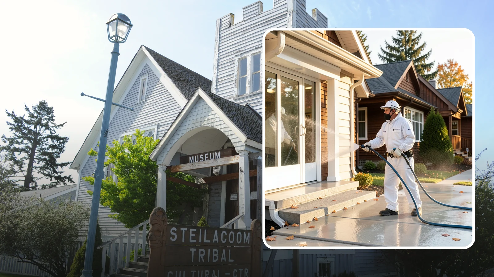 New Construction Cleaning in Steilacoom, Pierce County, WA - We give newly built Washington homes and buildings a first exterior cleaning to remove build residue before move-in.