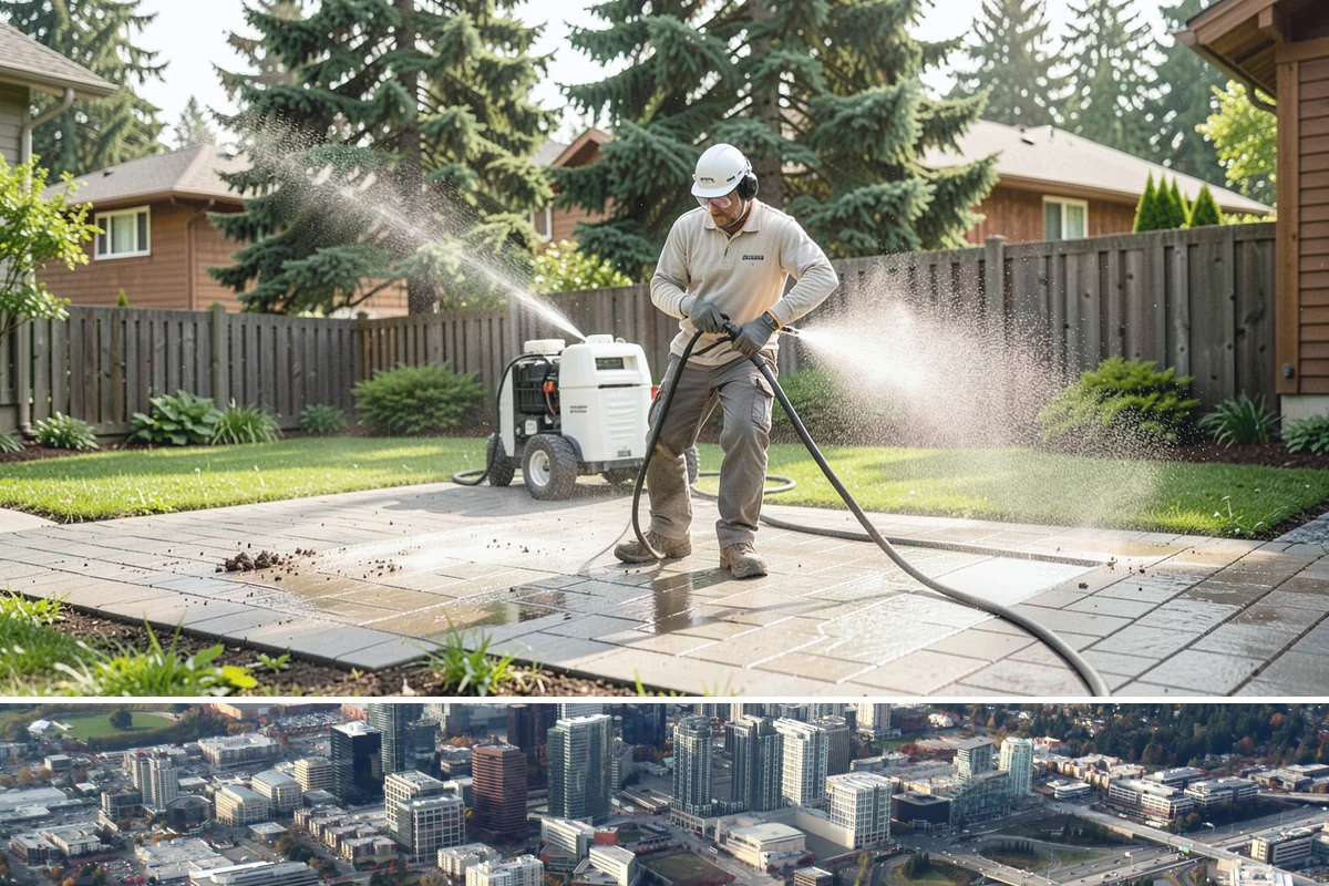 Office Building Washing in Bellevue, King County, WA - Annual washing in mid-summer captures the best drying conditions, with entry areas refreshed each quarter.