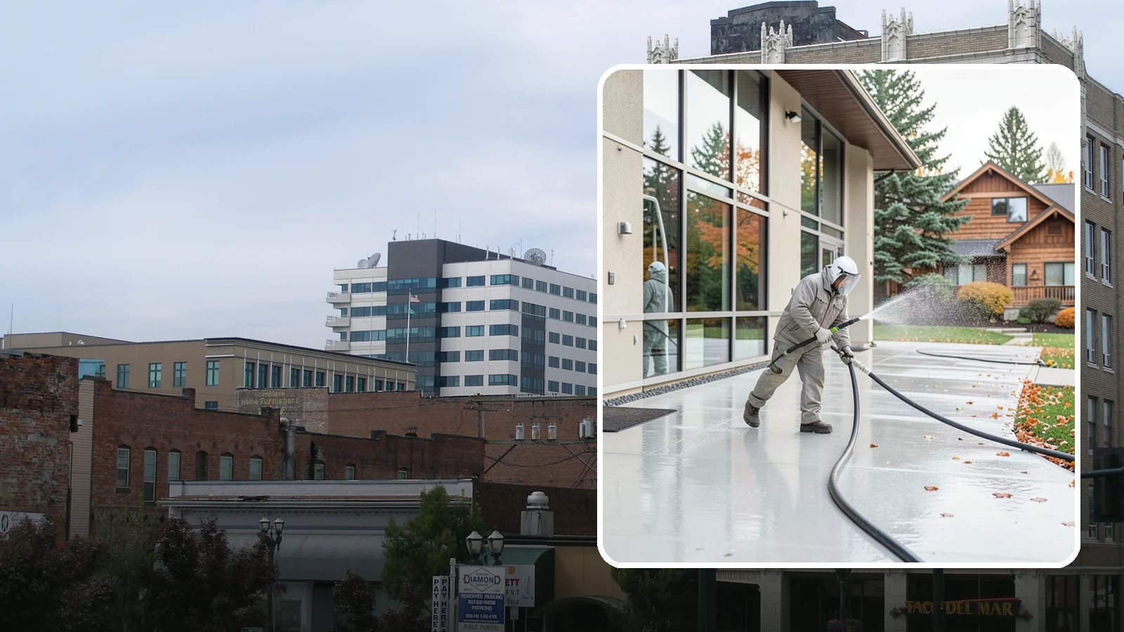 Office Building Washing in Everett, Snohomish County, WA - Our team washes office building exteriors across Washington to keep entrances, walkways, and cladding crisp for staff and clients.