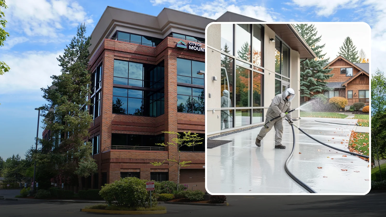 Office Building Washing in Mountlake Terrace, Snohomish County, WA - Our team washes office building exteriors across Washington to keep entrances, walkways, and cladding crisp for staff and clients.